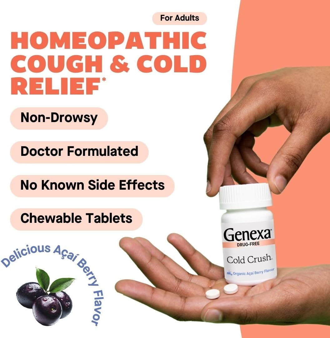 Genexa Cold Crush, Drug Free & Made Clean, 60 Chewable Tablets for Adults | Dye Free, 0% Artificial Additives, Non-GMO, Gluten Free, Homeopathic Cough, Cold, Sore Throat Relief, Acai Berry Flavor