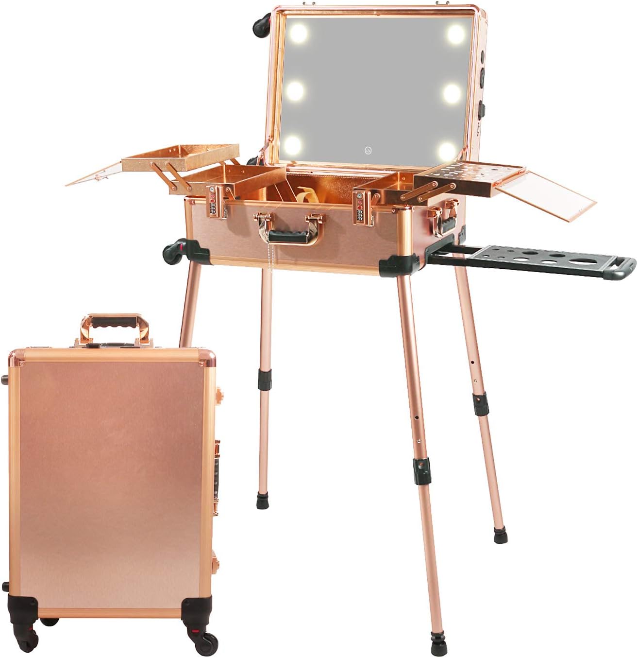 Large Makeup Train Case with Speaker & Code Lock & Full Screen Lighted Mirror & 3 Light Colors Lighted Rolling Cosmetic Organizer