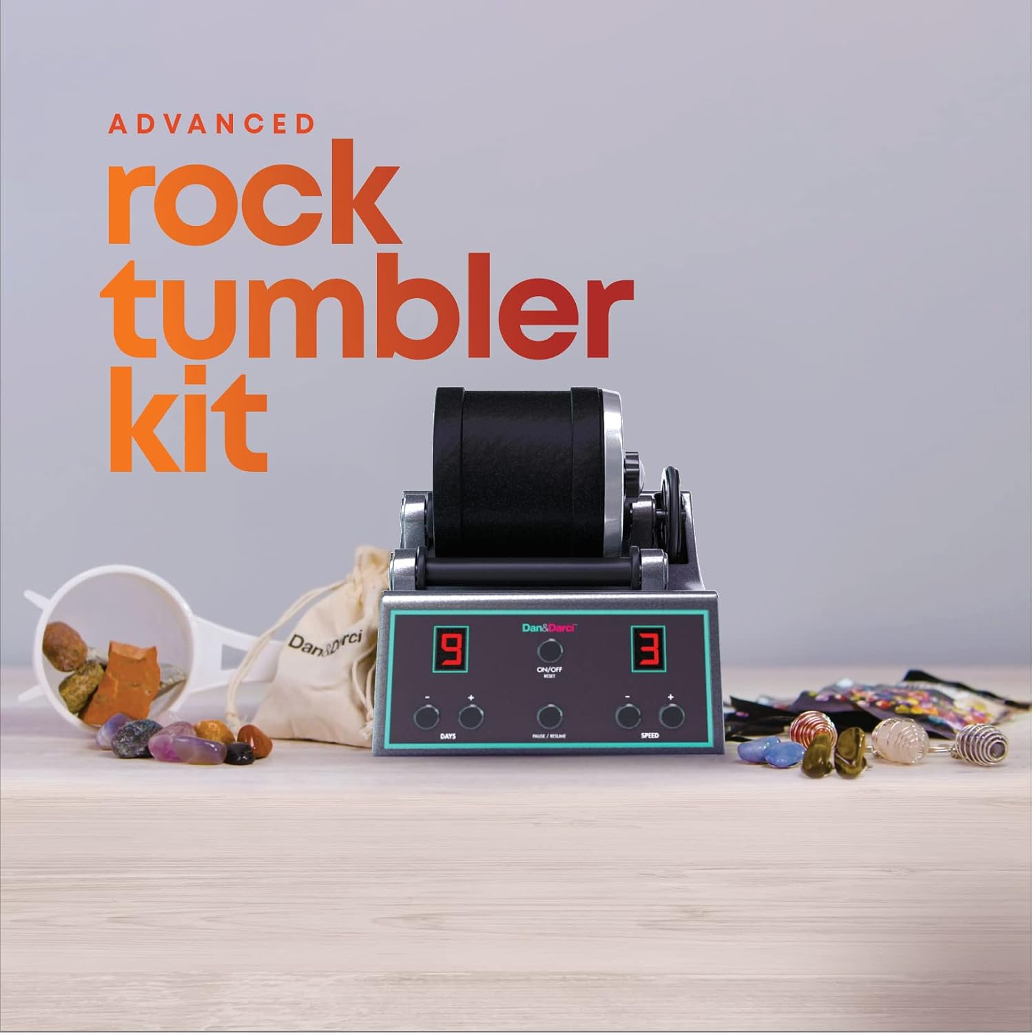 Dan&Darci Advanced Professional Rock Tumbler Kit - with Digital 9-Day Polishing Timer & 3 Speed Settings - Turn Rough Rocks into Beautiful Gems :