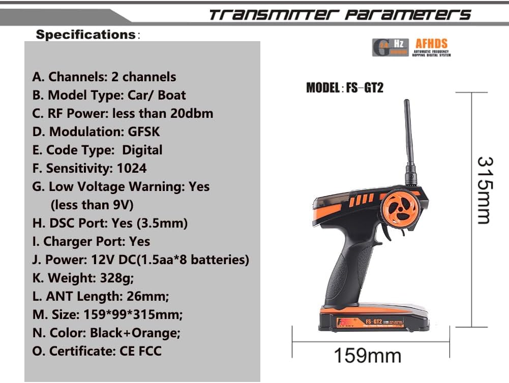 GoolRC Flysky FS-GT2 RC Transmitter with FS-GR3E Receiver, 2.4GHz 2 Channels Radio Controller and 3 Channels Receiver for RC Car Boat