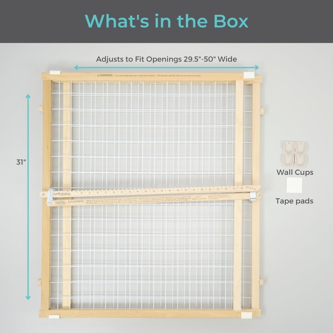 Toddleroo by North States - Extra-Wide Wire Mesh Wooden Baby Gate: Pressure Mounted Baby Gate for Doorways - Adjustable 29.5 to 50 Inches Wide - 31