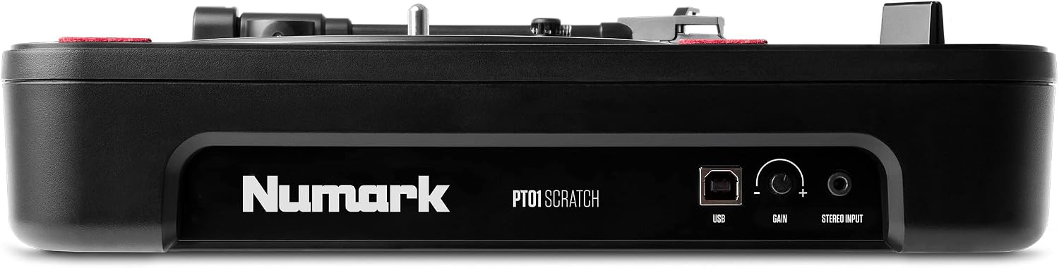 Numark PT01 Scratch Portable DJ Turntable | Scratch Switch, Built-In Speaker, 3-Speed Playback, USB Out, AC and Battery Power for Portablists