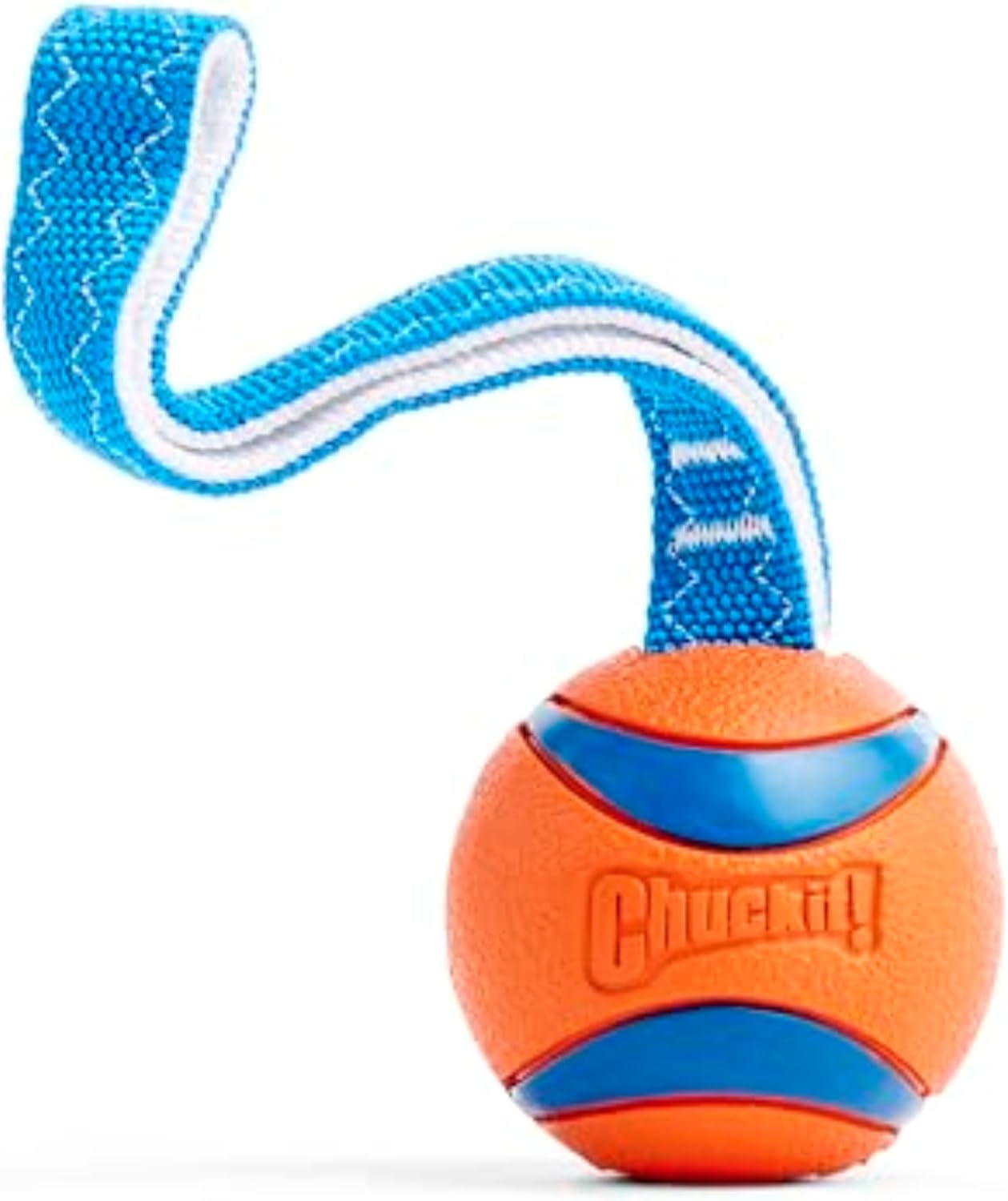 Chuckit! Ultra Tug Dog Toy - Ultra Ball on a Durable Nylon Cord Handle - Fetch and Tug-of-War Toy for Dogs - Size Large - For Breeds 60-100 lbs - 3-inch Diameter - Orange and Blue