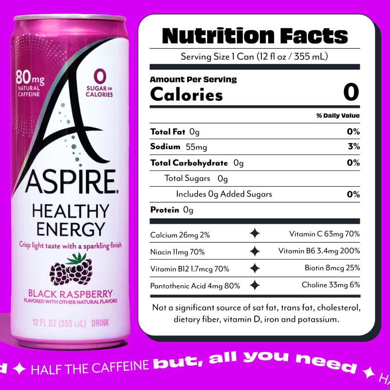 ASPIRE® Raspberry Acai, Healthy Energy Drink 80mg Natural Caffeine, Zero Sugar No Carbs Keto Friendly, 12 Pack Green Tea Sugar Free Drink Low Caffeine Zero Calorie