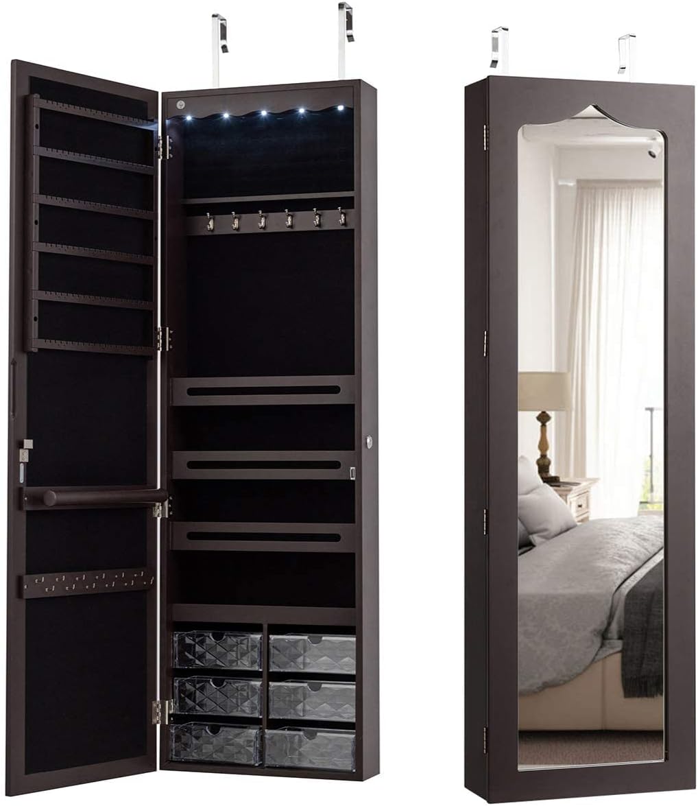 CHARMAID Jewelry Cabinet Armoire, Wall Mount Door Hanging, Lockable Jewelry Organizer with 47.5'' Full Length Mirror, 5 Lights