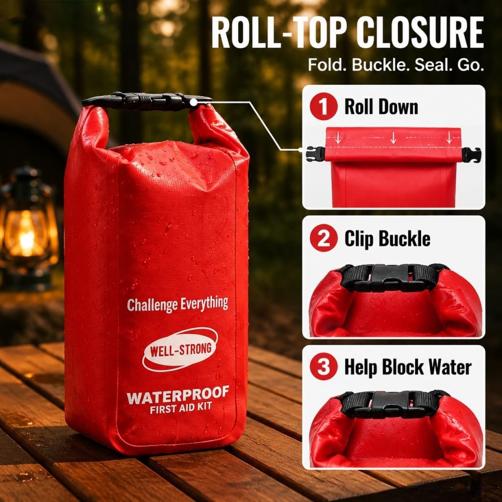 Waterproof First Aid Kit Roll Top Boat Emergency Kit with Waterproof Contents for Fishing Kayaking Boating Swimming Camping Rafting Beach Red