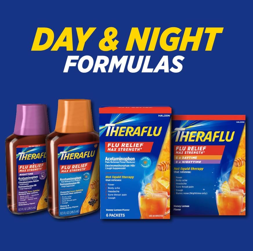 Theraflu Day and Night Pack, Severe Cold Relief, 18 Packets | Honey Lemon Flavor, Cold, Cough, and Flu Relief Powder for Use in Hot Liquids
