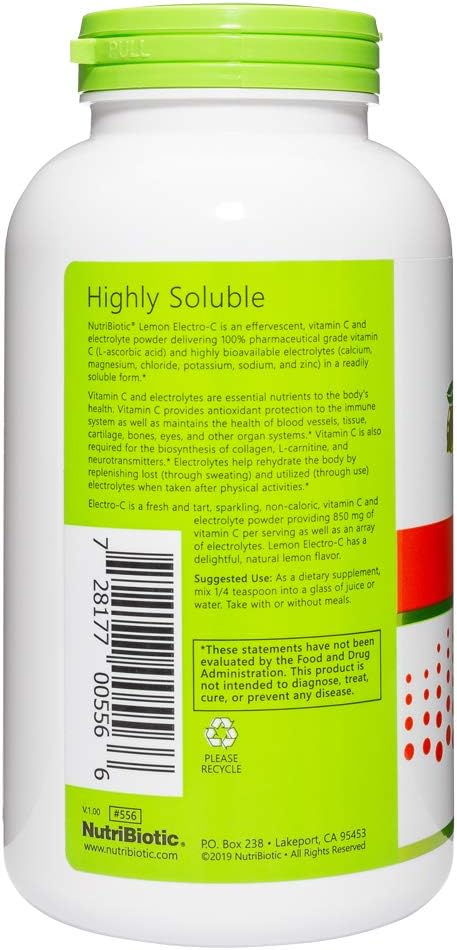 NutriBiotic - Lemon Electro-C, Vitamin C & Electrolyte Powder, 16 OZ | 850 Mg Vitamin C Per Serving | Effervescent Electrolyte Recharge | Buffered & Highly Soluble | Free of Calories, Gluten & Non-GMO
