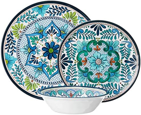 Talavera Melamine 12-Piece Dinnerware Set – Multicolored Plates and Bowls for 4, Spanish Tile-Inspired, Durable, Lightweight, Shatterproof