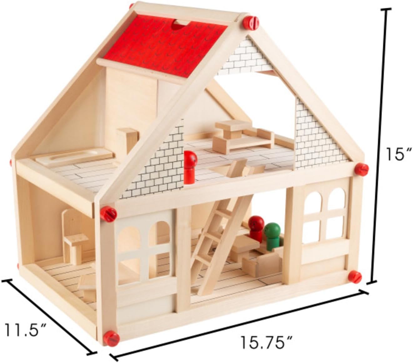 Hey Play Dollhouse for Kids, 15.75” x 11.5” x 15” | Classic Pretend Play 2 Story Wood Playset with Furniture Accessories and Dolls for Toddlers