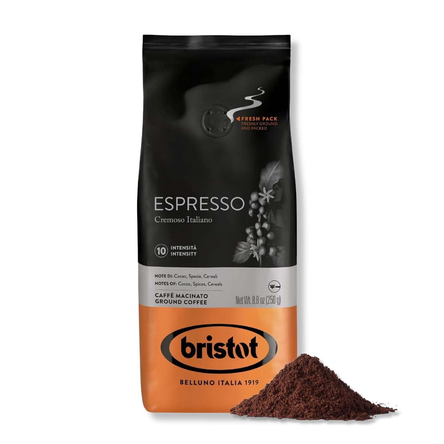 Bristot Espresso Cremoso Italiano Ground Coffee – Medium Roast, Rich & Smooth – 8.8oz (250g) Bag – Italian Ground Espresso for Home Machines