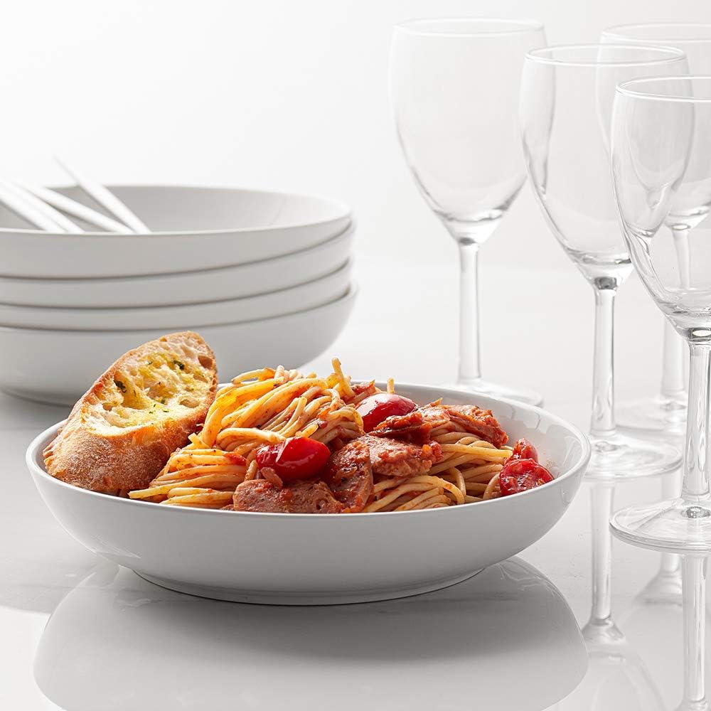 Y YHY 9.75" Large Pasta Bowls, 50 Ounces Big Salad Bowls, Ceramic Serving Bowl Set of 4, Wide and Shallow Bowls Set, Microwave and Dishwasher Safe, White
