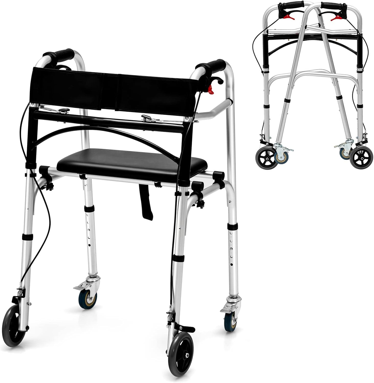 Goplus Walkers for Seniors, 4-in-1 Folding Walker with 5’’ Wheels, Detachable Seat, Height Adjustable Stand Up Walker