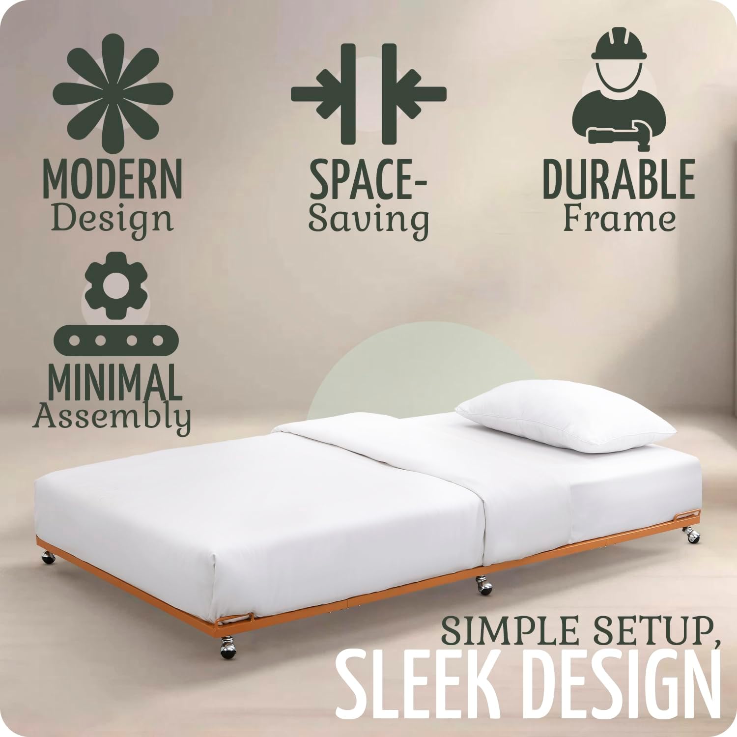 2K Furniture Designs - Twin Size Black Metal Roll Out Trundle Bed Frame for Daybed | Space-Saving Guest Bed - Slides Under Daybeds for Overnight Visitors, Dorms, and Small Spaces