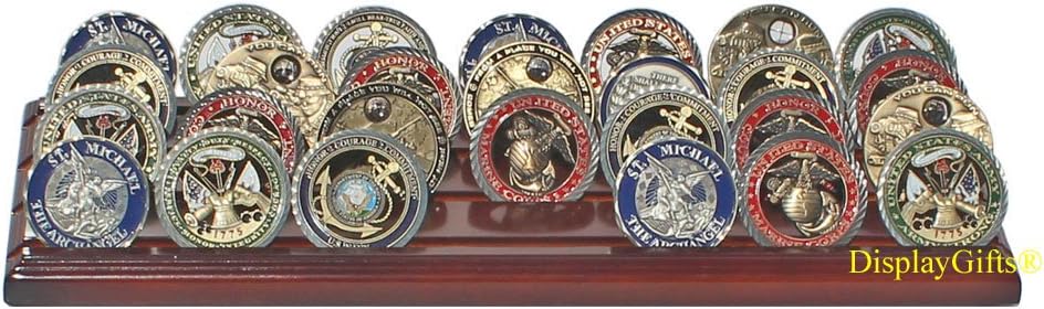 DisplayGifts Challenge Coin Display Stand 4 Row Wooden Holder Rack Case Holds 28 Coins Walnut Finish