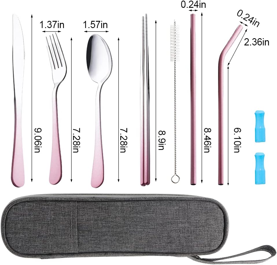 Travel Utensils Set with Case Reusable Portable Cutlery Set Stainless Steel 8pcs Including Dinner Knife Fork Spoon Chopsticks Straws(Rainbow)