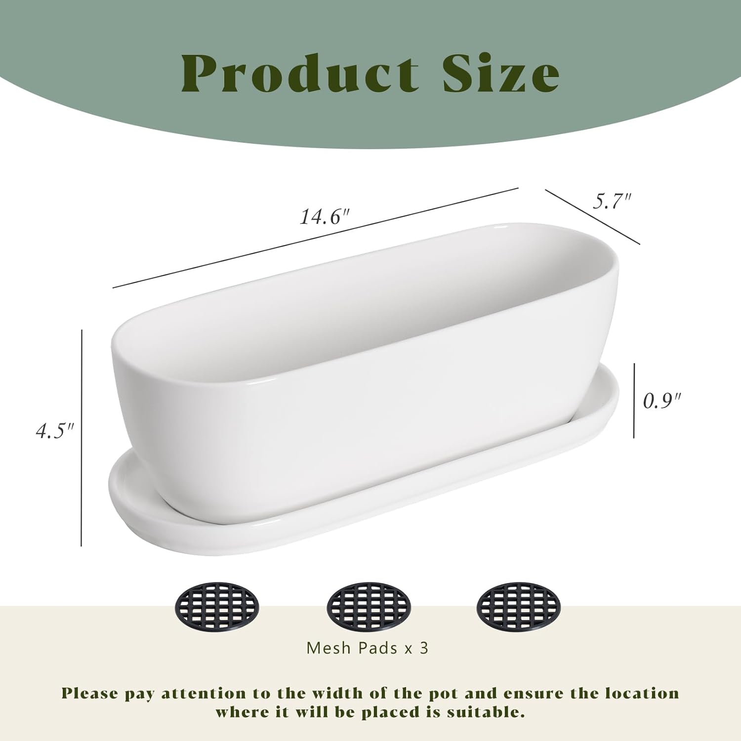 E-liu 11 Inch Oval Ceramic Planter Pot with Drainage Hole Saucers