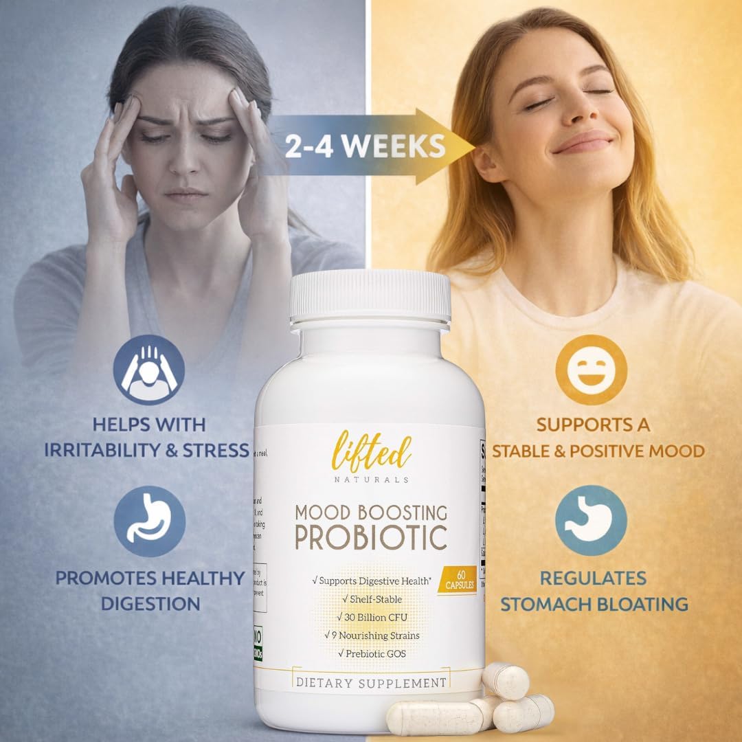 Lifted Naturals Mood Boosting Probiotic 30 Billion CFU - Mood Support Supplement, Prebiotics and Probiotics for Women & Men