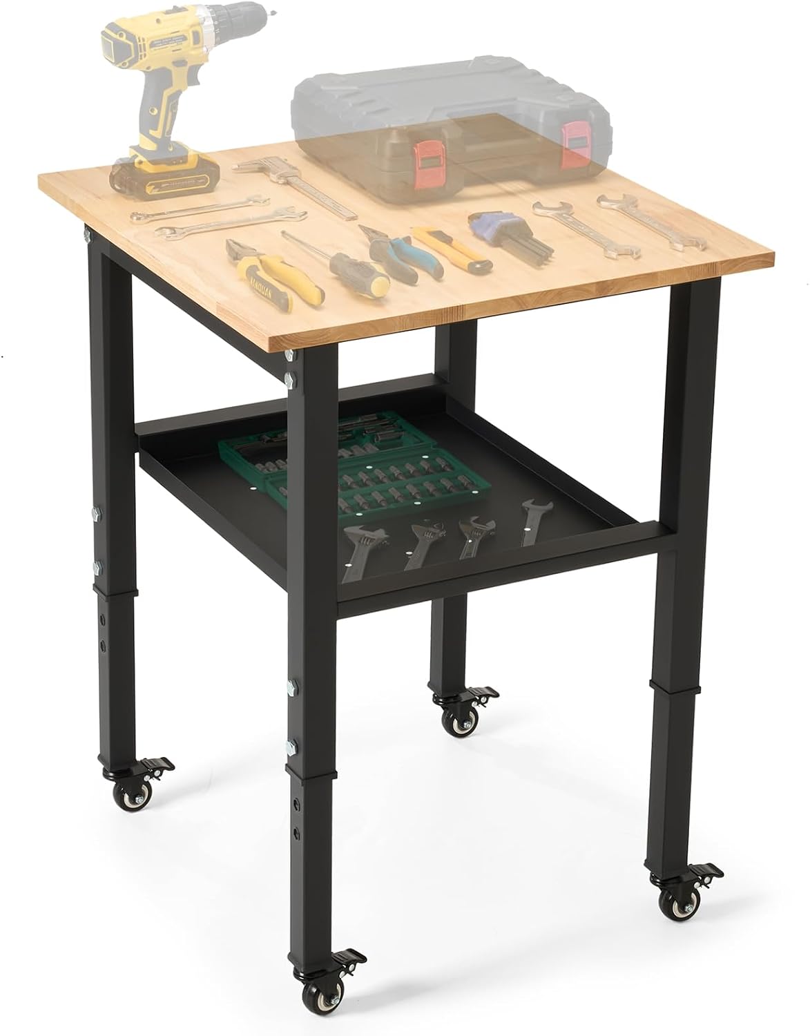 48" Adjustable Rubberwood Workbench with Foldable Extension Board & Power Outlet, Extra Large 48x32In 9-Level Height 27"-37", 2000 LBS Heavy Duty for Workshop Garage Office Home