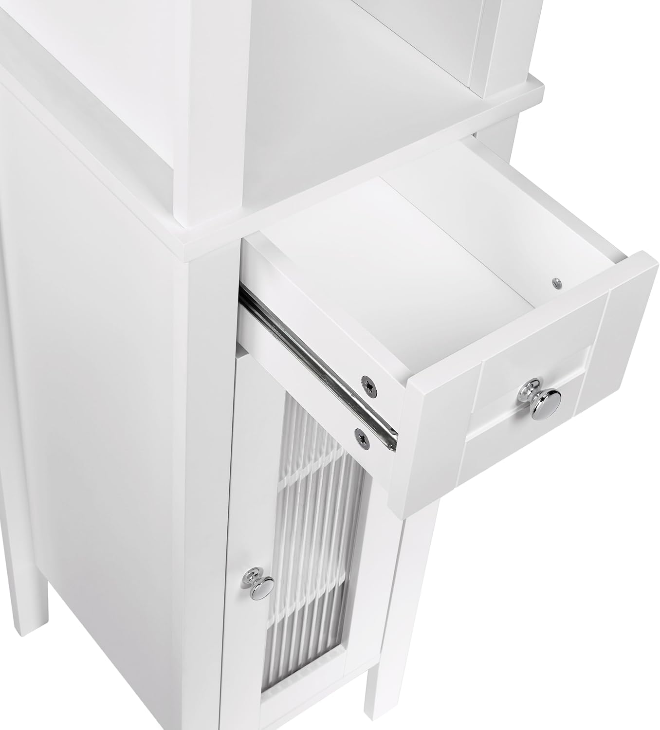RiverRidge Prescott Tall Slim Bathroom Linen Storage Cabinet, White | Versatile Narrow Organizer with Reeded Glass Door, Open Display
