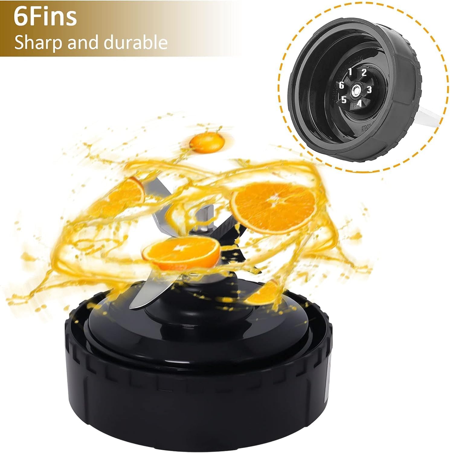 Replacement Blade Assembly Compatible with Nutri Ninja BL660 BL740 BL663 Series, 16oz Cup Only, 6-Male-Fin Base, 3.35" Bottom Diameter, Not for 7-Fin or Auto-iQ Systems