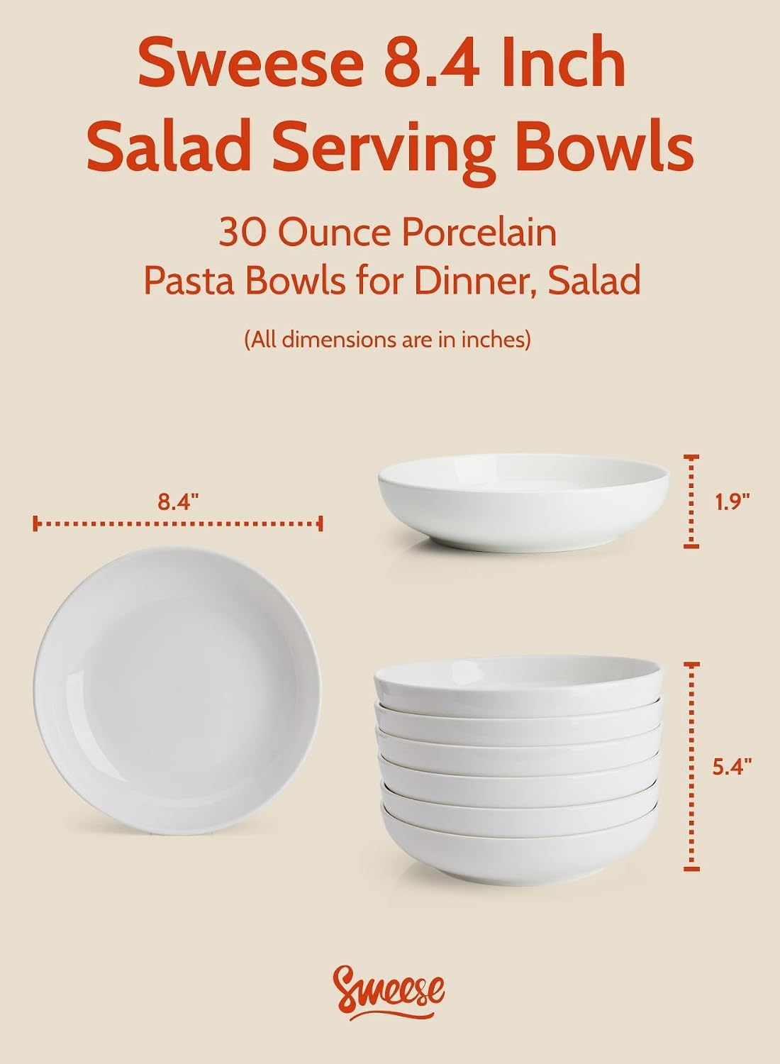Sweese 22oz Porcelain Pasta Bowls Set of 6-7.6 Inch White Salad Serving Plates, Microwave Dishwasher Safe Dinnerware