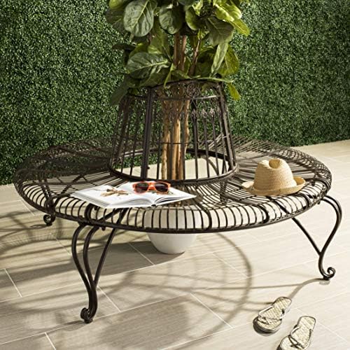 SAFAVIEH Outdoor - Ally Iron Tree Bench - Rustic Brown Iron Metal - Curved Scrollwork Garden Design - Ideal for Patio, Deck, Porch, Garden, 17.5" Seat Height (PAT5019A)