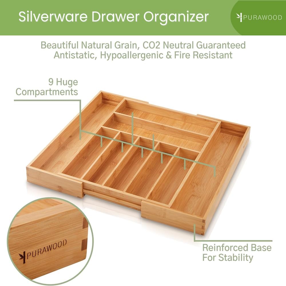 Purawood Kitchen Drawer Organizer - Expandable Utensil Drawer Organizer for Kitchen, Cutlery Tray & Silverware Organizer