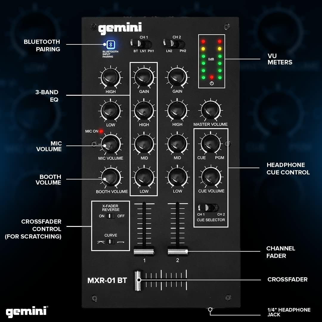 Gemini 2-Channel Bluetooth DJ Mixer, Crossfader Curve (MXR-01BT)