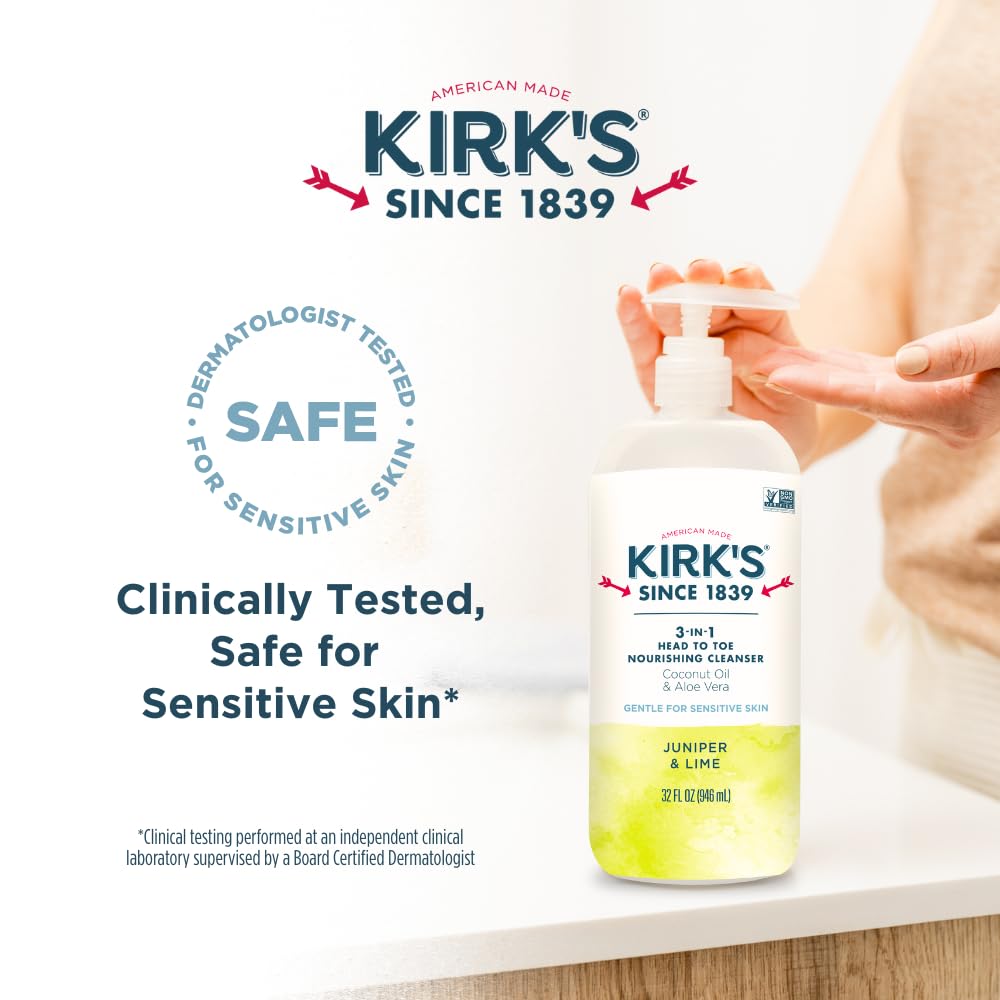 Kirk's Juniper & Lime​ 3-in-1 Nourishing Cleanser, Shampoo Body Wash Bubble Bath, Coconut Oil and Aloe Vera, Vegan Non-GMO, 32 Fl Oz