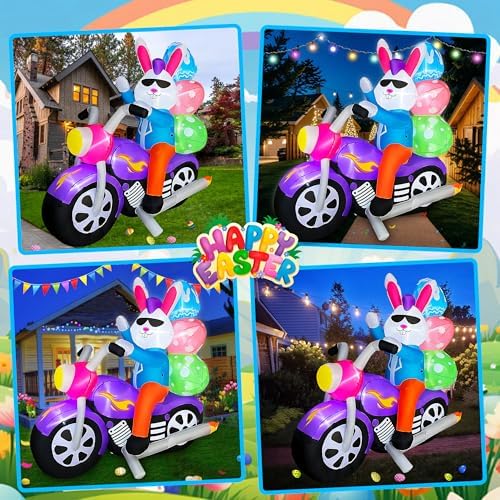 SEASONBLOW 6 FT Easter Inflatable Bunny on Motorcycle with Eggs Decorations Light Blow Up Rabbit for Yard Lawn Garden Home Outdoor Indoor Holiday