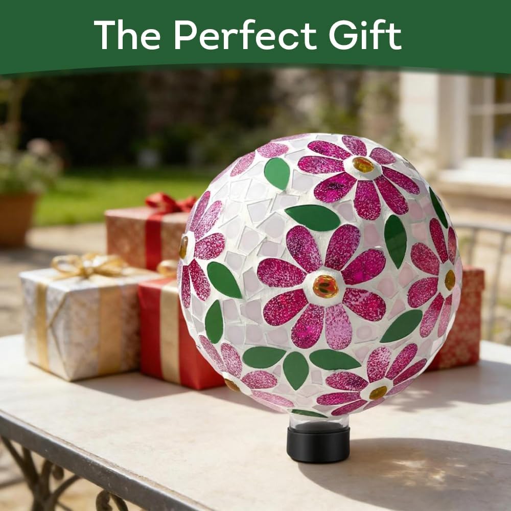 Lily's Home Colorful Mosaic Glass Gazing Ball, Designed with a Stunning Holographic Petal Mosaic Pattern to Bring Color and Reflection to Any Home and Garden, Red and Gold (10" Diameter)