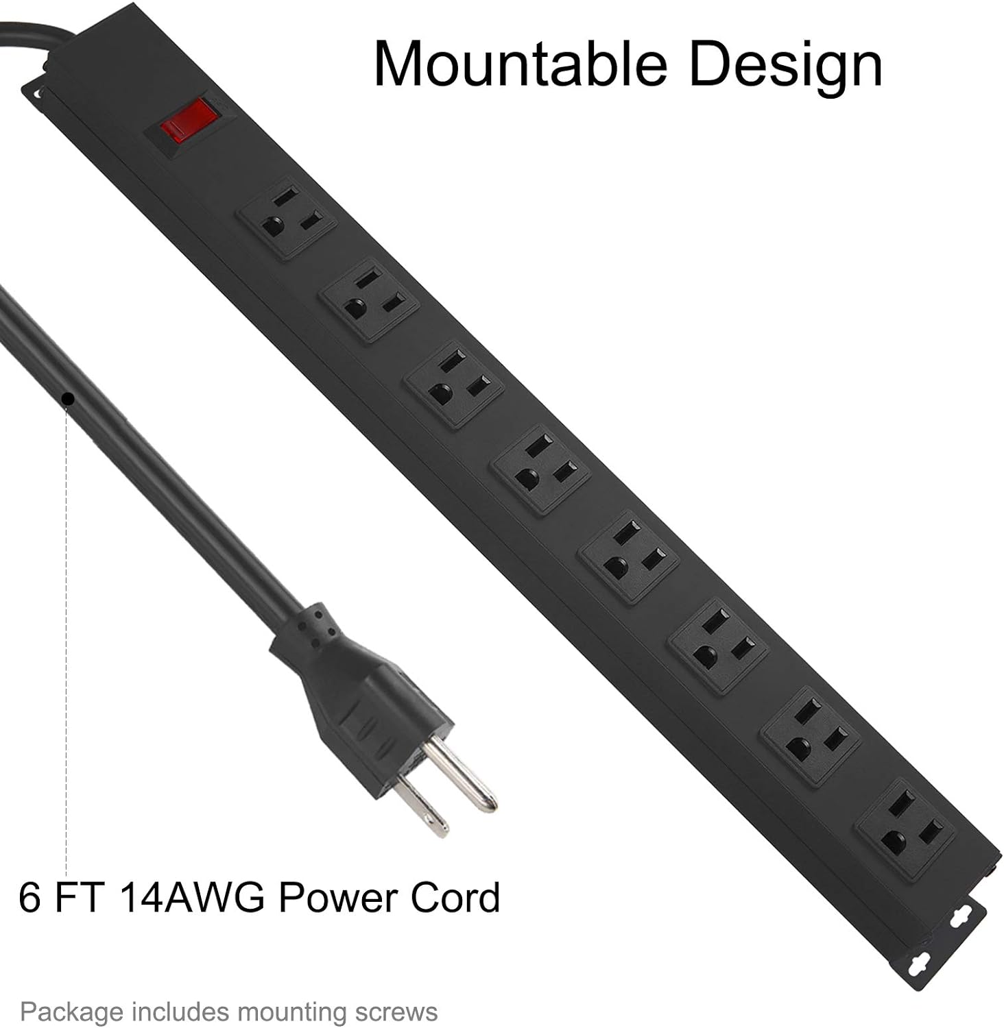 HHOSET Heavy Duty Long 8 Outlets, 14AWG Extension Cord, Black, 6FT, 1