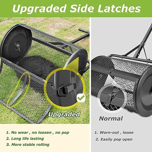 Seeutek Compost Spreader, 24" Peat Moss Spreader with 3 Heights | Push or Tow Top Soil Spreader W/Upgraded Side Latches Support Rod Powder Coated Metal Mesh Top Dressing Spreader for Lawn