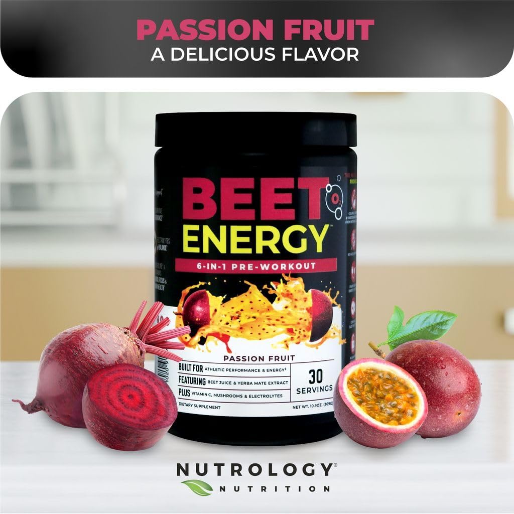 Nutrology Beet Energy O2 Pre Workout Passion Fruit Flavor - 30 Servings | Beet Juice Powder, Yerba Mate, Adaptogens, Electrolytes, Energy Support