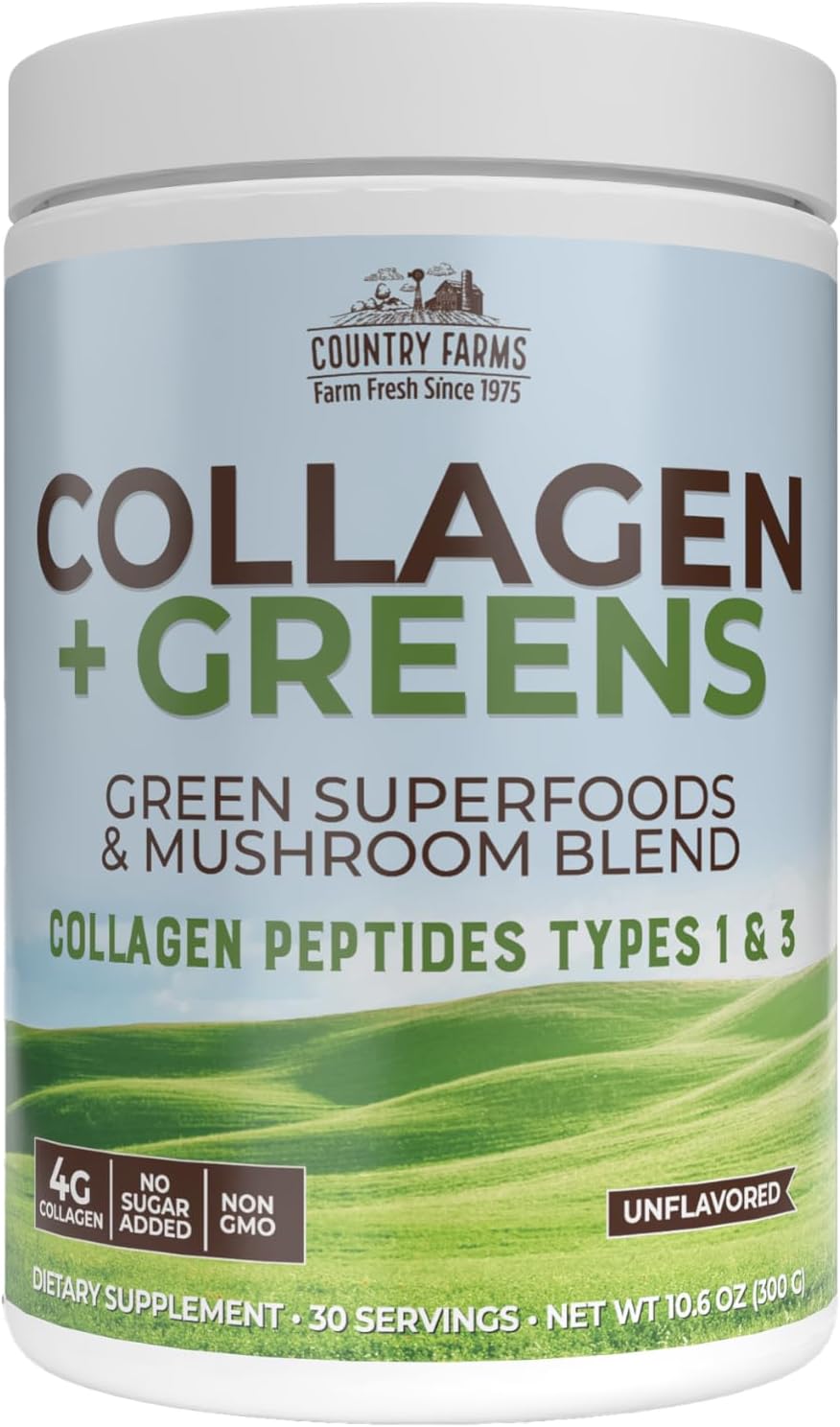 Country Farms Collagen Peptides Powder with Greens Dietary Powder Supplement (Type I, III) for Skin Hair Nail and Joints, Dairy/Sugar Free, Energizing Superfoods, Natural, 10.6 Oz 30 Servings