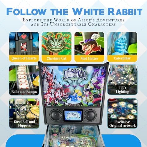 Alice Goes to Wonderland Pinball with LED Lighting | Home Pinball Machine with Real Flippers, Bumpers, Ramps & Multiball, Wi-Fi High Scores