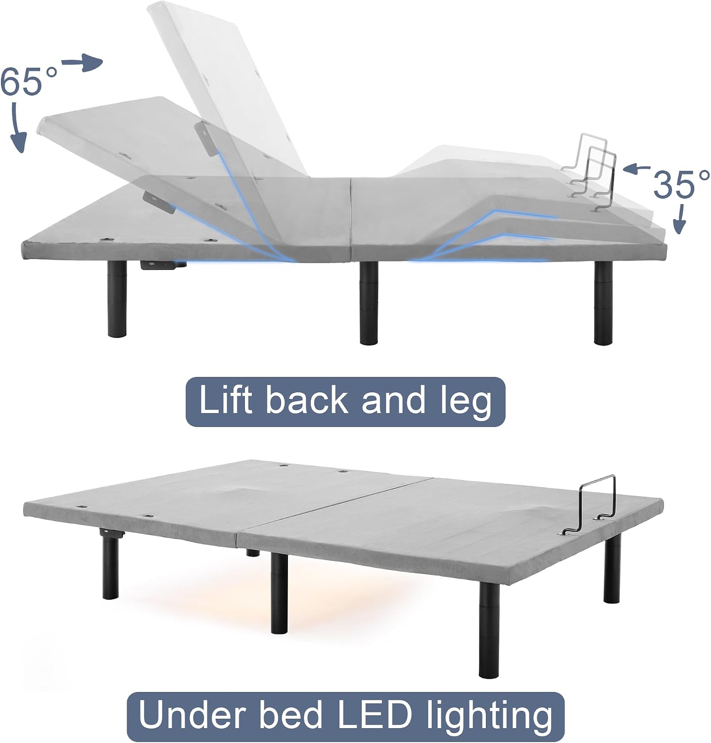 Fromann Adjustable Electric Twin XL Bed Base Frame with Massage, USB Type-C Ports, Zero Gravity, Under Bed Led Lighting and Three Leg Height (Black)
