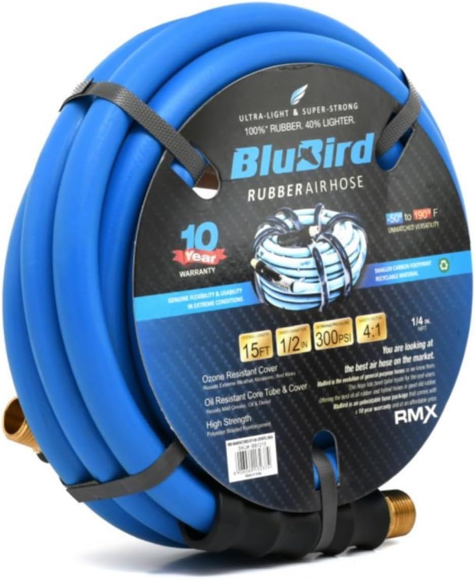 BLUBIRD BB1250 1/2" x 50' Rubber Air Hose, 100% Rubber, Lightest, Strongest, Most Flexible, 300 PSI, 50F to 190F Degrees, Ozone Resistant, High Strength Polyester Braided