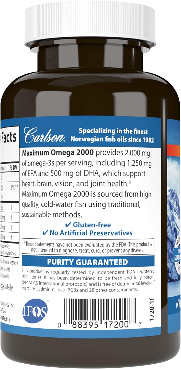 Carlson Maximum Omega 2000, 2000 mg, Wild-Caught, Lemon, 60 Softgels | Omega-3 Fatty Acids Including EPA and DHA; Norwegian Fish Oil Supplement; Sustainably Sourced Fish Oil Capsules