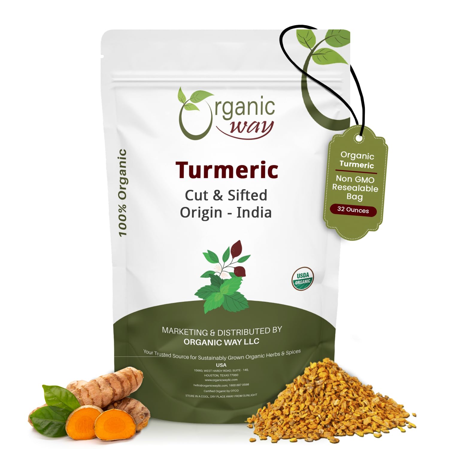 Organic Way Turmeric/Haldi Root Cut & Sifted - Herbal Tea (16 Ounce)
