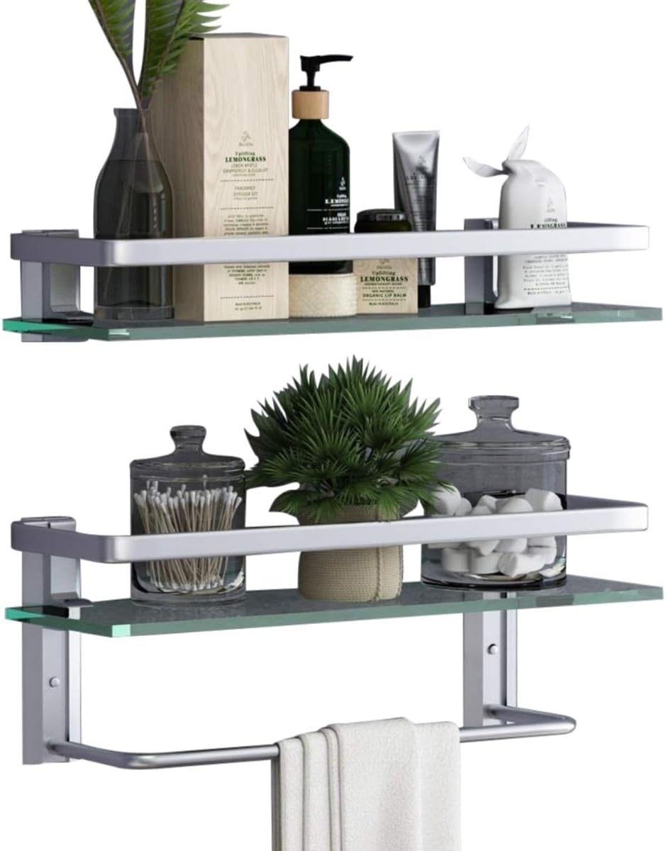 VOLPONE Bathroom Wall Shelf 15.7in Bathroom Glass Shelves Wall Mount Glass Shelf Rustproof Bathroom Wall Organizer 3 Tier (Sliver)