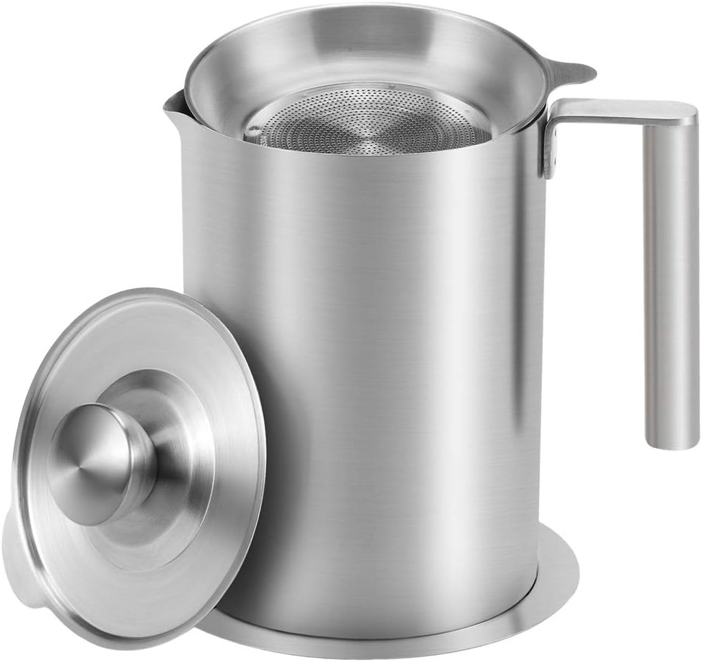 Sumerflos 1.8 L/1.9 Quart Stainless Steel Grease Strainer and Container - Large Oil Storage Pot Grease Keeper with Dust-Proof Lid & Easy Grip Handle