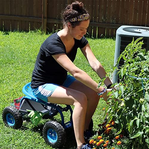 Sunnydaze Rolling Garden Cart with Seat - Garden Stool with Wheels and Adjustable 360-Degree Swivel Seat - Utility Tool Tray and Storage Basket - Green