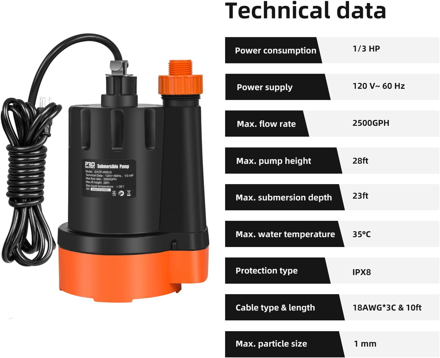 1/3 HP Submersible Water Pump, 2500GPH Utility Pump | Portable Electric Clean Water Drainage Pump for Pool Draining, Flooding