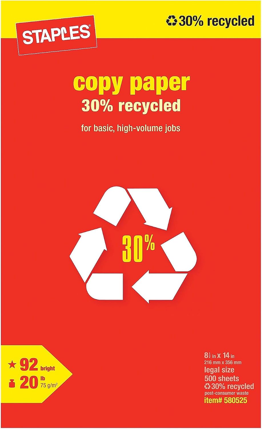 Staples 30% Recycled 8.5-Inch X 11-Inch Copy Paper 20 Lbs 92 Brightness 500/Ream, For Office, School & Home