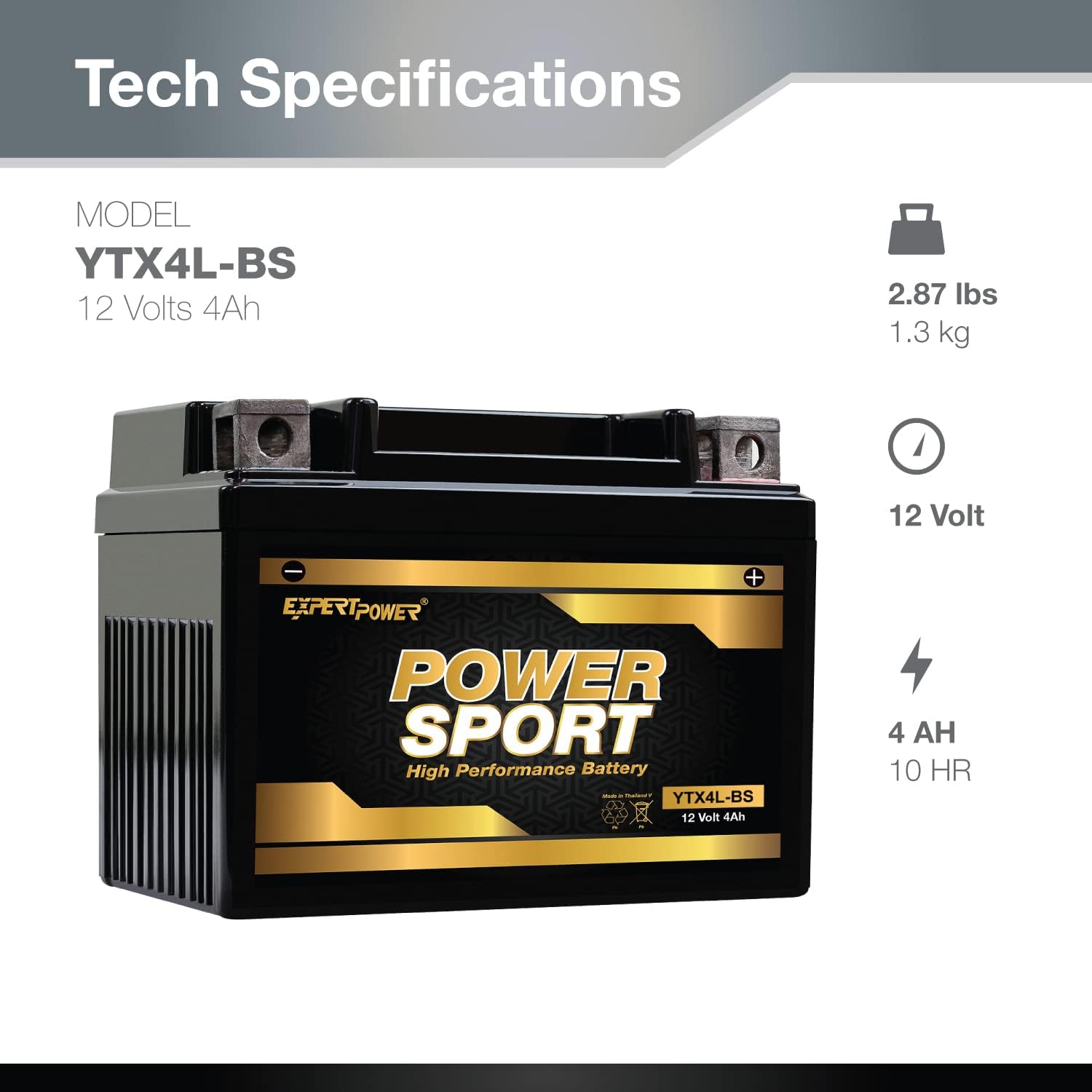 ExpertPower YTX4L-BS AGM Motorcycle & ATV Battery 12V 4Ah 120 CCA