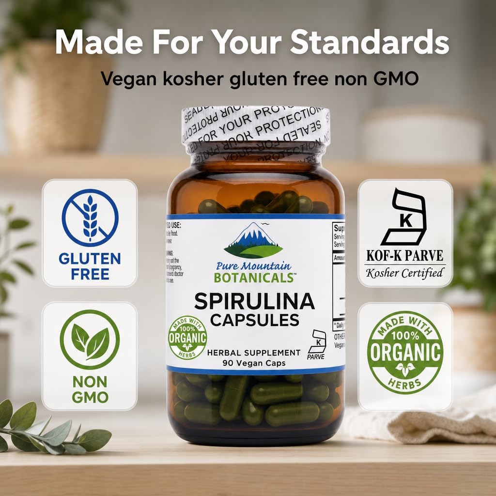 Pure Mountain Botanicals Spirulina Capsules 90 Count - 450mg Organic Spirulina - Kosher Vegan Non-GMO - Superfood Supplement - Espirulina