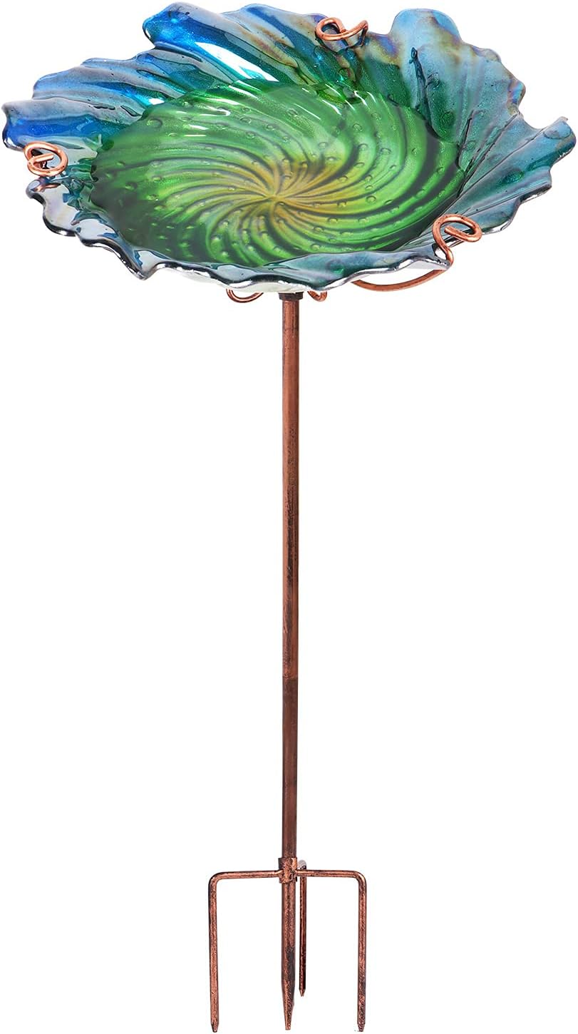 26" Glass Bird Bath, Outdoor Birdbath Bird Feeder Green Flower Metal Stake