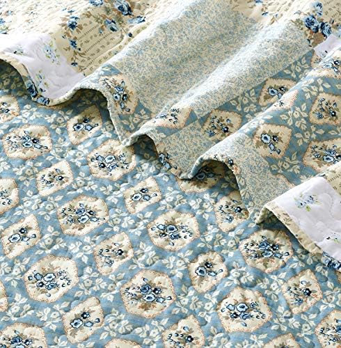 New Reversible 3pc Floral Printed Patchwork Blue/Green Bedspread/Quilt Set Matching Curtains Available (King/Cal King Size)